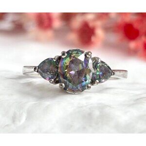 Mystic Topaz Oval Cut Trillion Cut Sterling Silver 925 Vintage Ring - sz 7